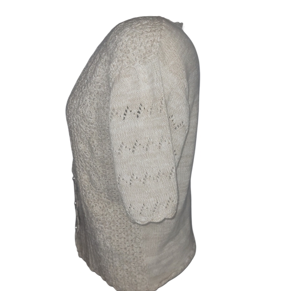 Beige Colored Crochet Button Front Short Sleeve Sweater L - Picture 5 of 7